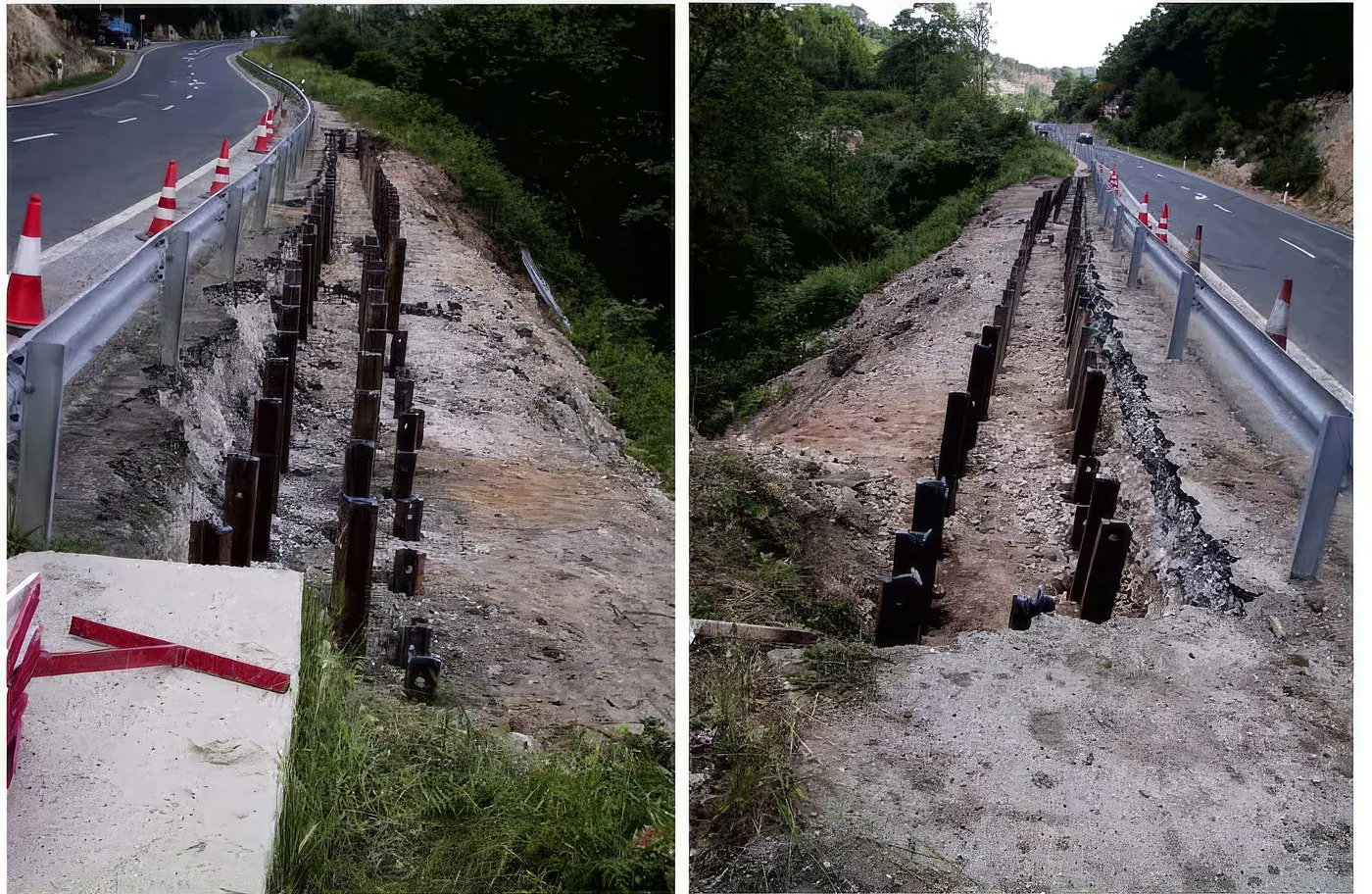 Fila de carriles hincados en el talud de la carretera N-623