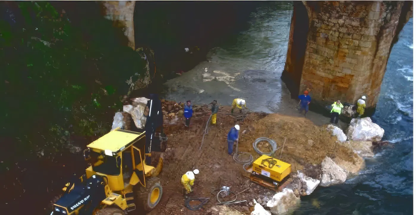 Operarios y maquinaria trabajando en la base del pilar del puente de Pesquera de Ebro